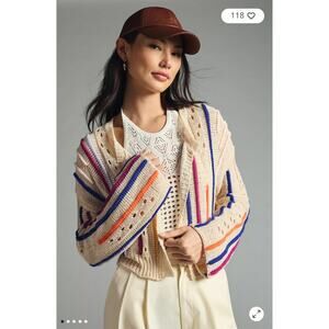 By Anthropologie Women's Beige Striped Cardigan Sweater One Size